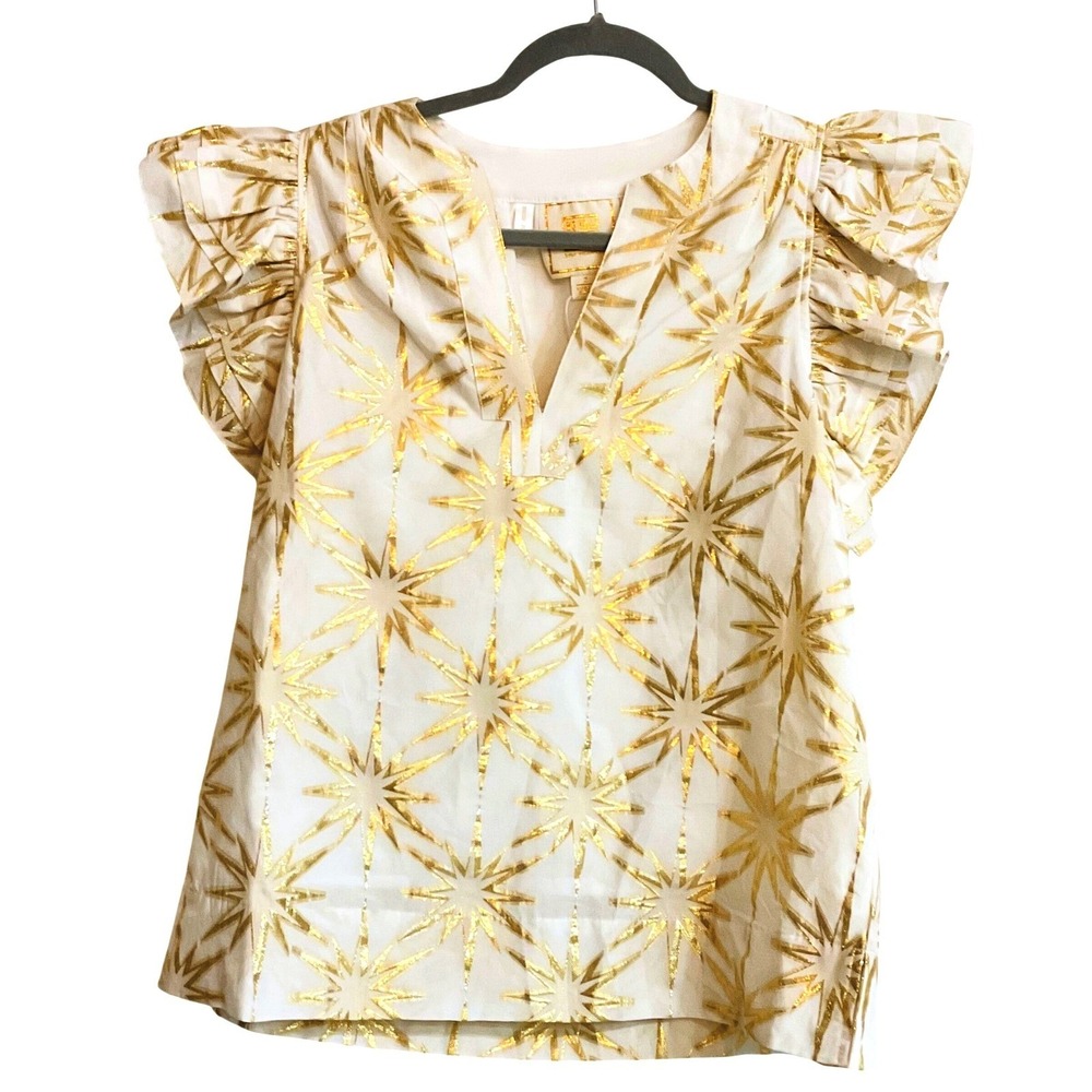 Emily McCarthy Metallic Star-Print Flutter Sleeve Blouse - Gold on Cream - Small